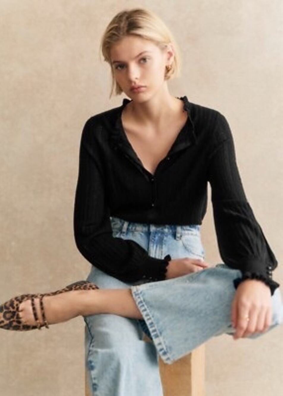 Sézane Louis Cardigan Black Pointelle Knit Ruffle Balloon Sleeve Size small